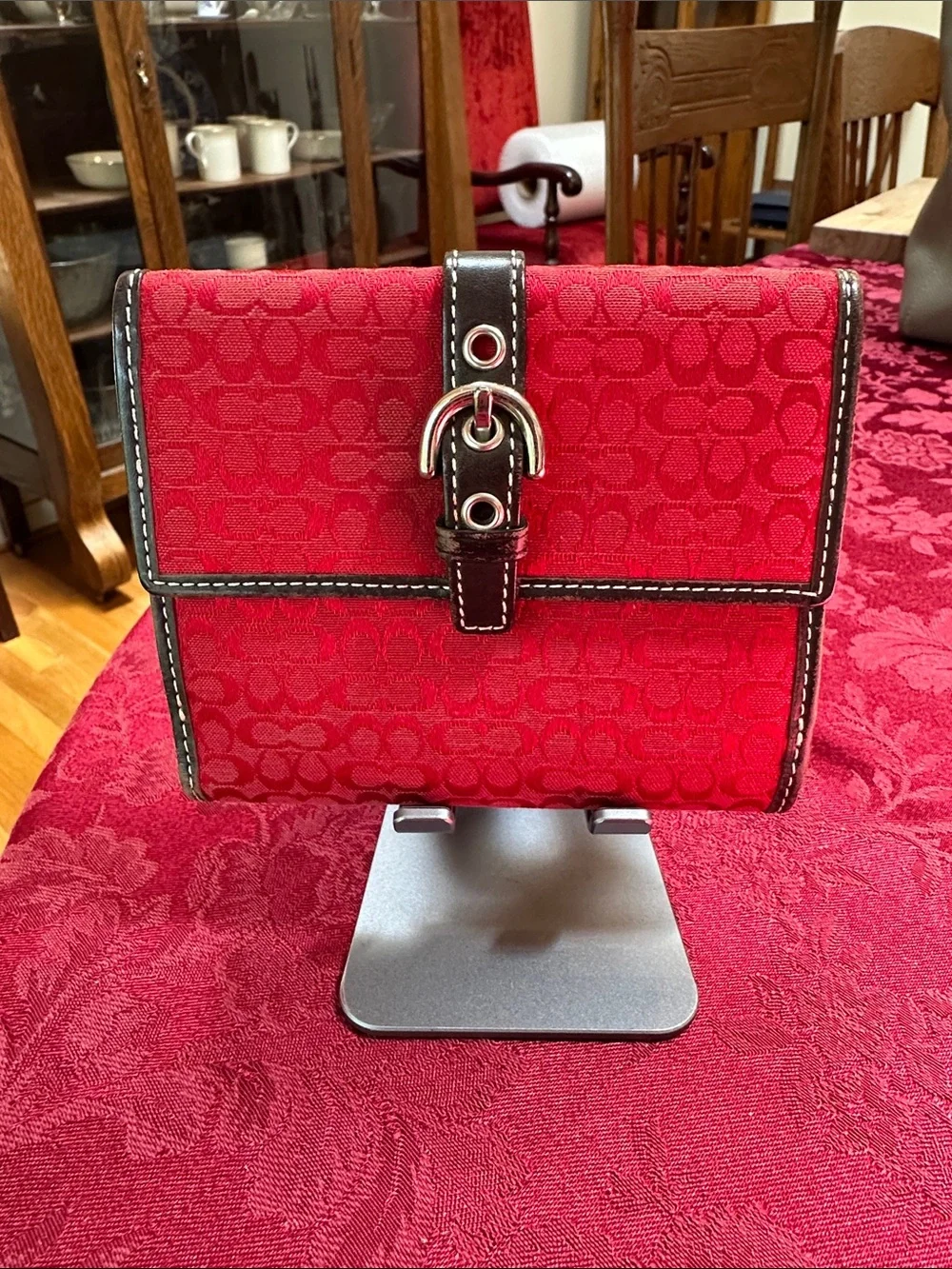 Coach Red Canvas & Brown Leather Snap Wallet